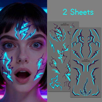 2pcs Glow in The Dark Kpop Gothic Women Face Temporary Tattoos -Cool Blue Purple Lightning & Vein Body Art Waterproof Tattoos
