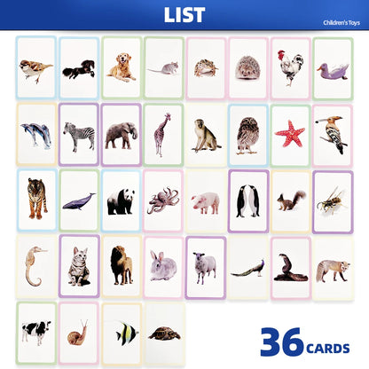 36 Double-Sided Animal Recognition Cards for Kidsren's Enlightenment and Learning through Pictures, Paper-Based Fun Teaching 
