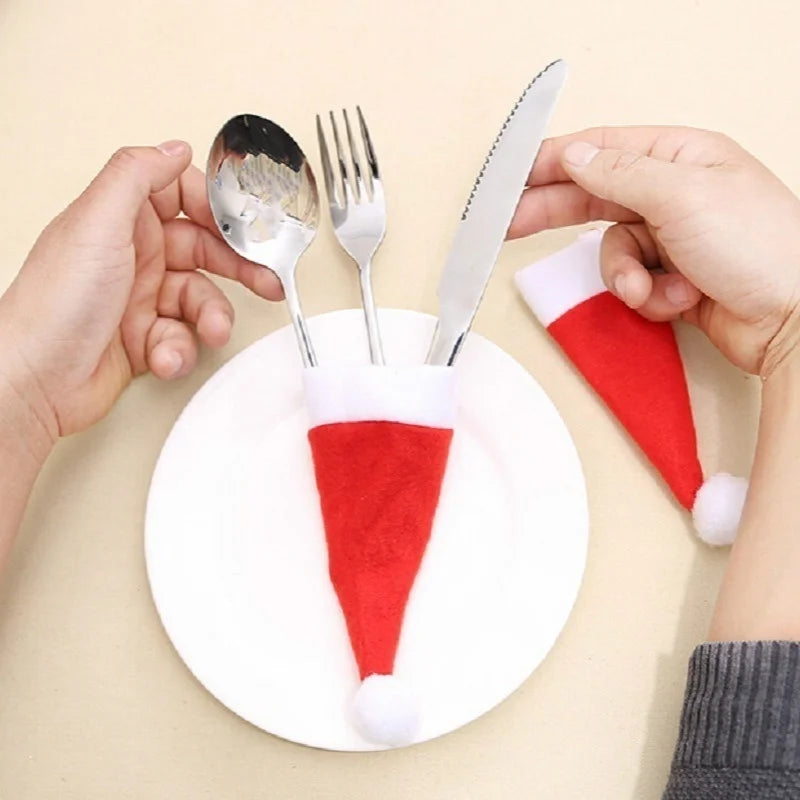 Merry Christmas Decoration 2025 Christmas Tableware Bag Holder Christmas Hat Fork Knife Cutlery Bag Christmas Ornament Decor