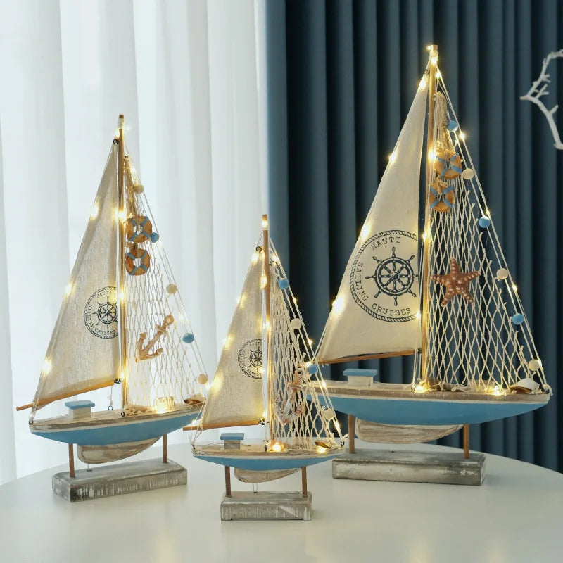 Retro Mediterranean Style Wooden LED Sailing Boat Model Creative Ocean Style Desktop Ornament Crafts Small Boat Home Decor Gi