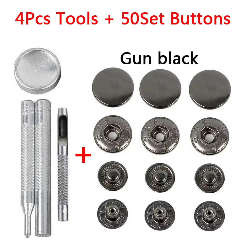 50Sets Leather Snap Fasteners Kit 10mm 12mm 15mm Metal Button Snaps Press Studs 4 Install Tools Leather Snaps For DIY Clothes