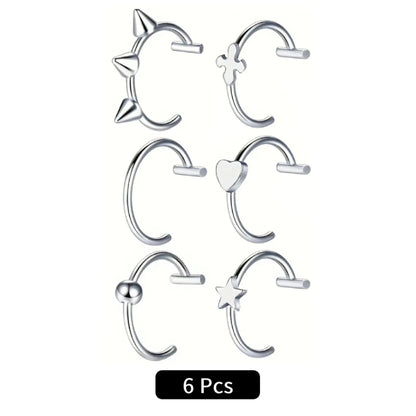 2Pcs/6Pcs Stainless Steel Fake C Clip Lip Ring Labret Piercing Earring Fake Nose Piercing Cool Women Body Jewelry Non-Pierced