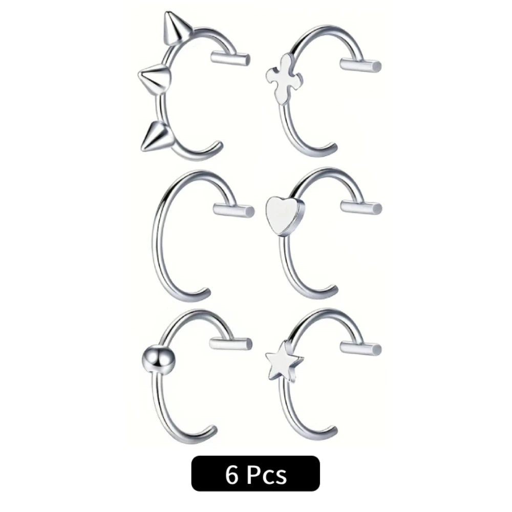 2Pcs/6Pcs Stainless Steel Fake C Clip Lip Ring Labret Piercing Earring Fake Nose Piercing Cool Women Body Jewelry Non-Pierced