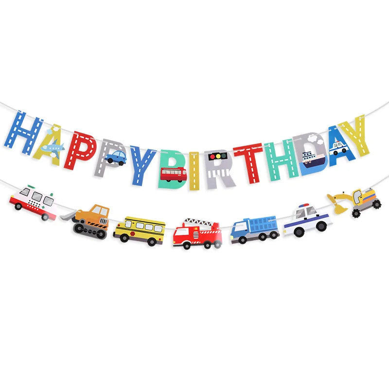 Cartoon Car Happy Birthday Banner Kids Boys Construction Vehicle Garland Birthday Party Decoration Favors Baby Shower Supplie