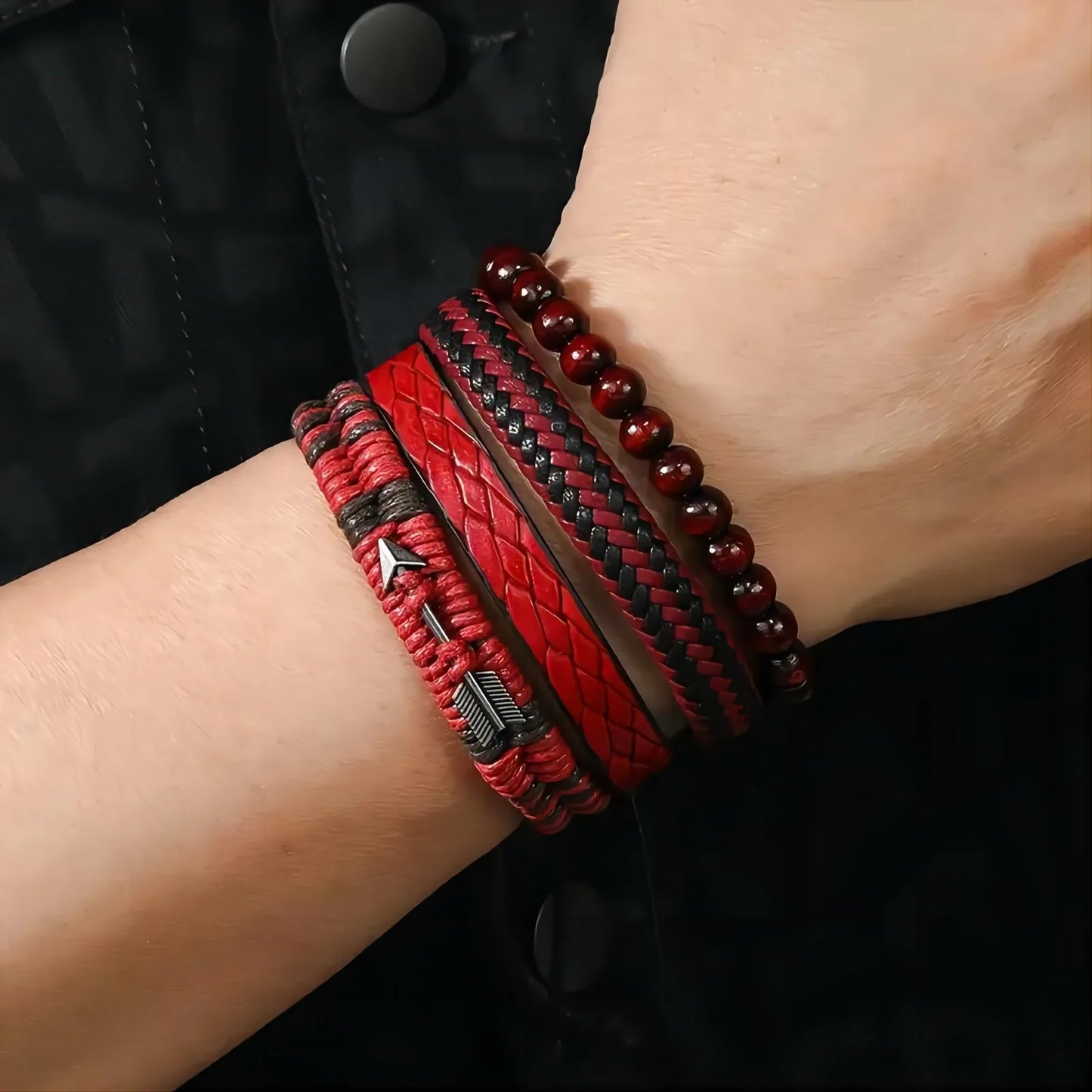 Fashion Vintage Men's Leather Bracelet Cupid's Arrow Wooden Beaded Leather Hand Woven Retro Fashion Bracelets For Men