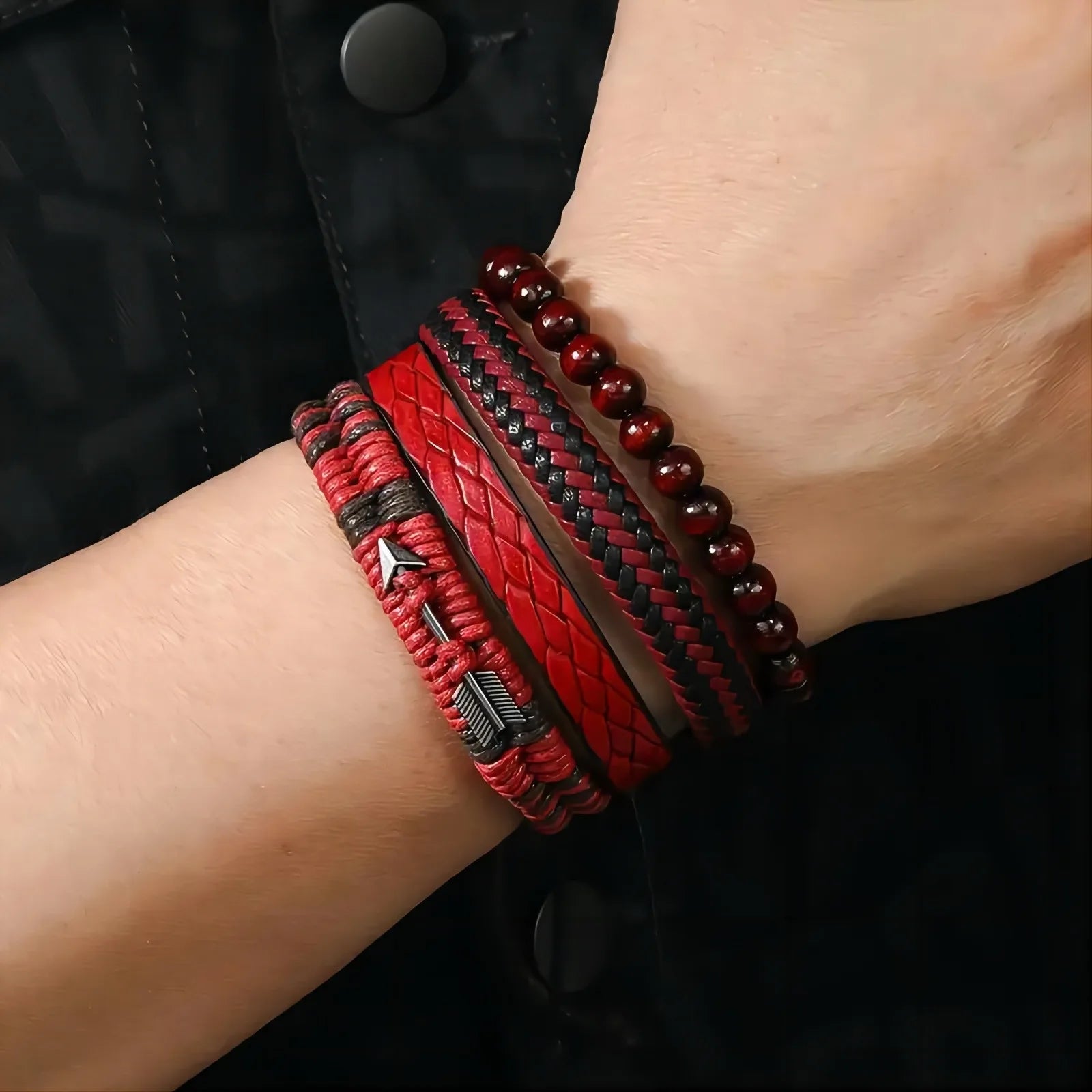 Fashion Vintage Men's Leather Bracelet Cupid's Arrow Wooden Beaded Leather Hand Woven Retro Fashion Bracelets For Men