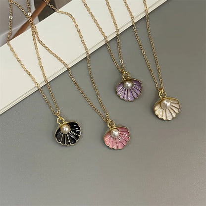 Colorful Shell Pendant Necklace Imitation Pearl Fashion Women Neck Jewelry Golden Color Link Chain Jewelry
