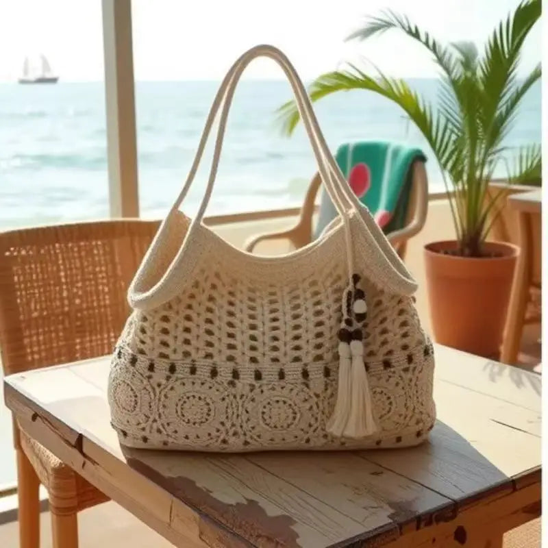 Crochet Tote Bag, White Openwork Knit Purse, Bead Fringe Charm, Adjustable Long Straps, Boho Beach Bag, Summer Market Tote, W