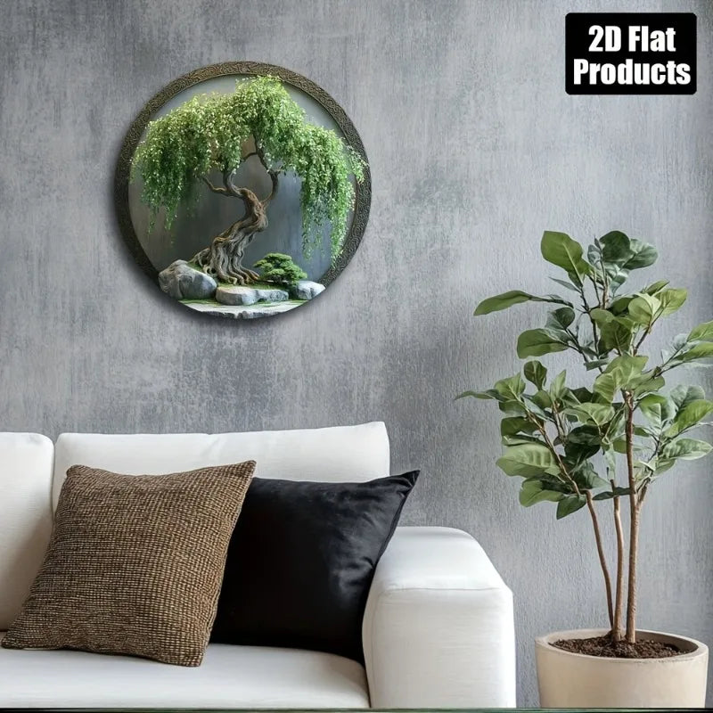 Vintage-Inspired Aluminum Wall Art - Round Bonsai Tree with Rocks & Moss, Ideal for Home, Bar, Kitchen, Perfect Holiday Gift