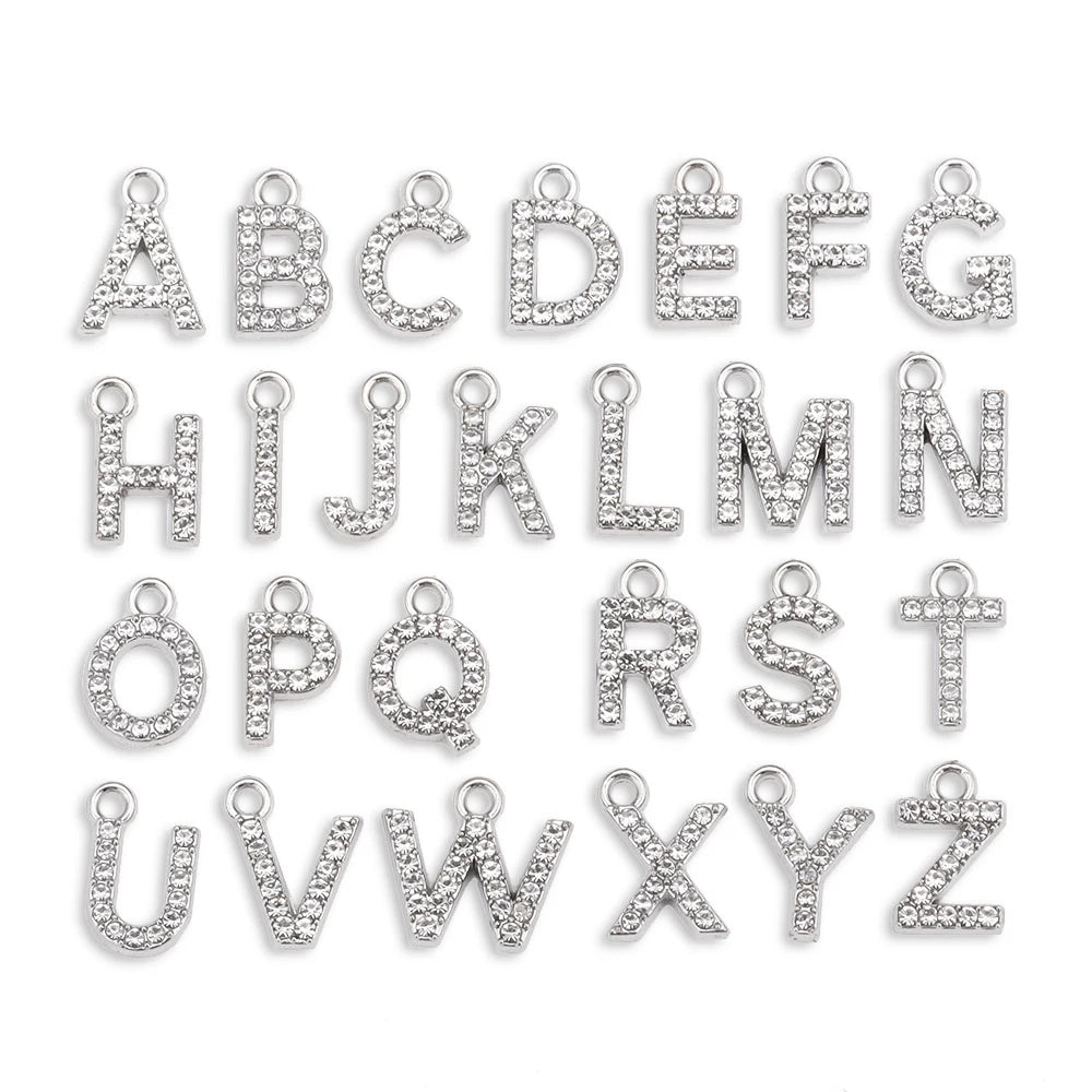 10/26pcs Silver Color Alloy Crystal Mini Alphabet 26 Letter Charms Pendants for Women Necklace Earring Jewelry Accessories - 