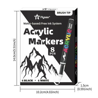 8pcs Black and White Acrylic Paint Markers Set, Large Ink Capacity, Acrylic Markers for Illustration Sketching, Wood, Glass, 