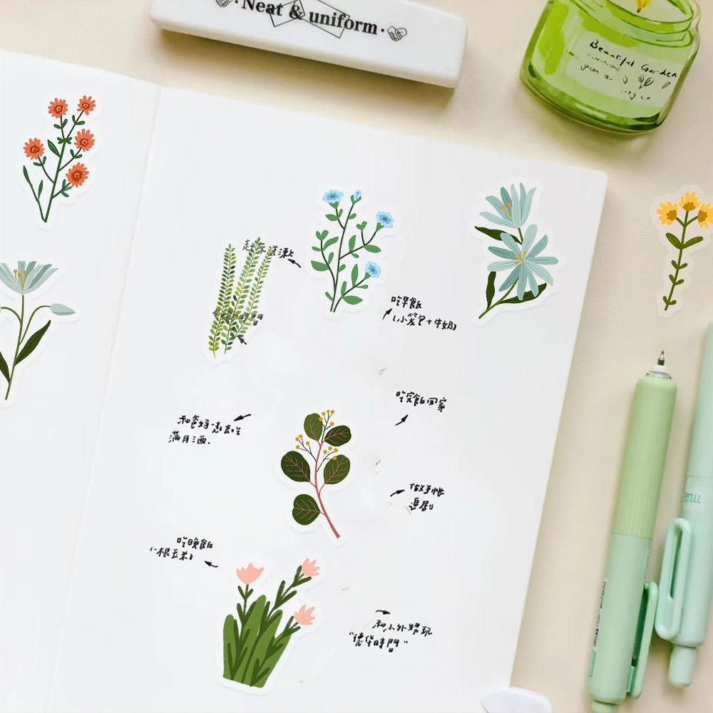10/30/50pcs Vintage Floral Plant Cartoon Stickers Aesthetic Waterproof Graffiti Stationery Diary Planner Retro Decoration Dec