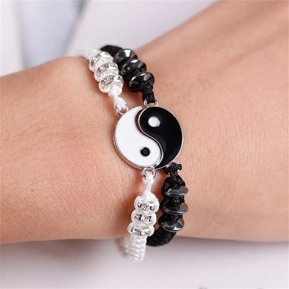 2 PC Jewelry Set Couple Black White Tai Chi Bracelet Rope Adjustable Chain Set Simple Style Daily Wear Jewelry - Imitation Rh