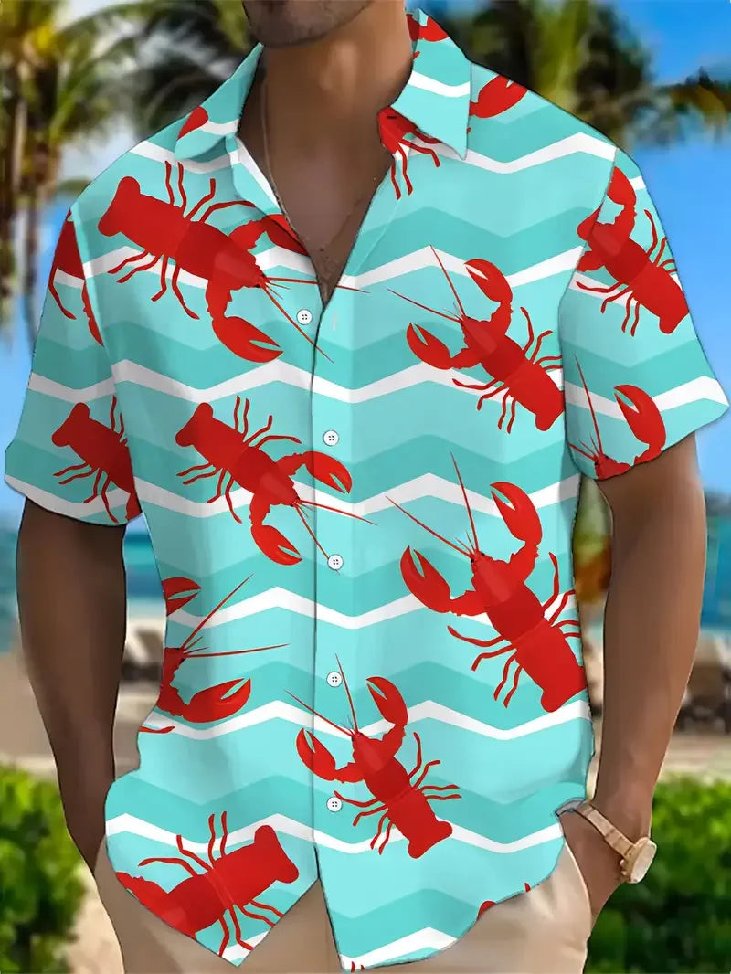 Cartoon Lobster Hawaiian Shirt Men Women Clothing Seafood Shirt Summer Holiday Shirt Short Sleeve Button Down Crawfish Shirts