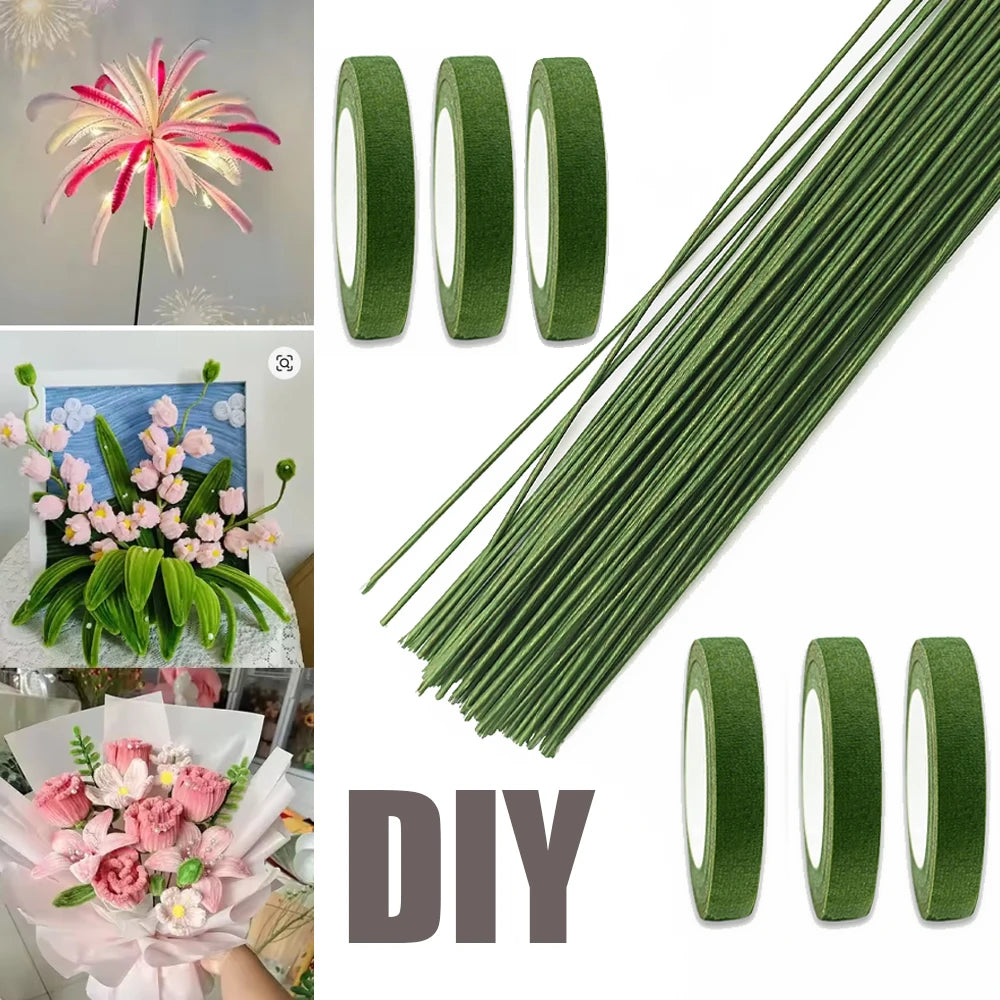 Green Flower Stem Sticks DIY Floral Material Handmade Wire Stems Floriculture Tape Self-adhesive Bouquet Floral Stem Paper Ta