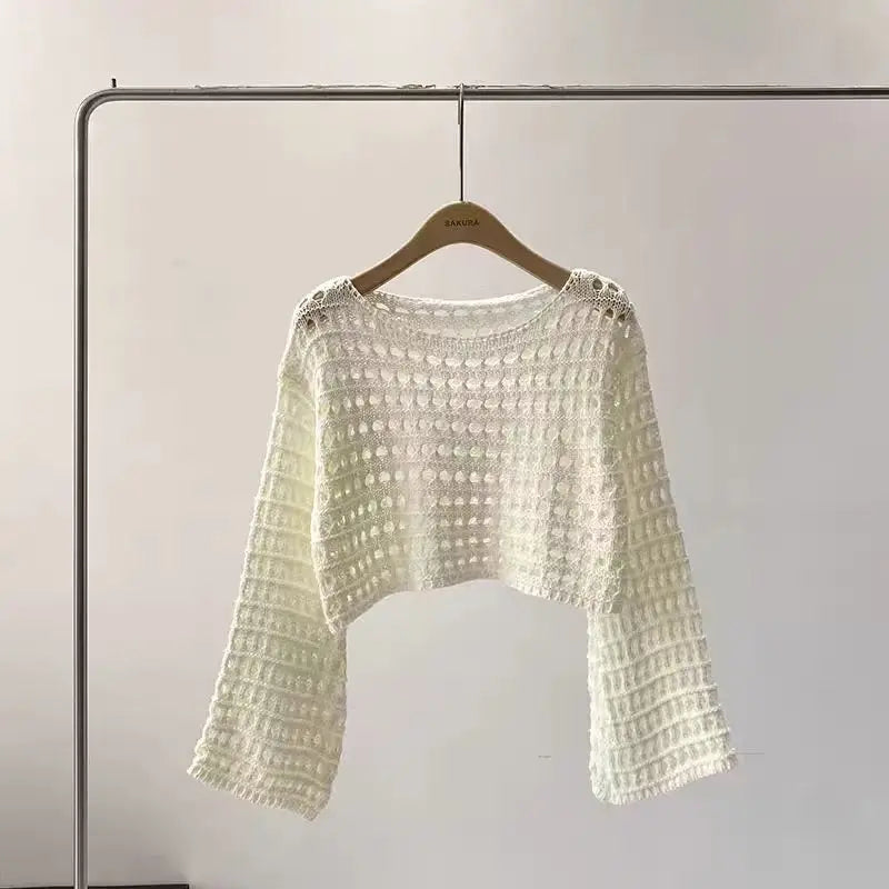 Long Sleeve Crochet Knit Top Summer Beach Bikini Cover Up Crop Pullover Wool Knitwear Blouse Women Vacation Boho Outfit - WHI