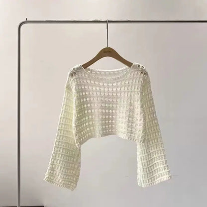 Long Sleeve Crochet Knit Top Summer Beach Bikini Cover Up Crop Pullover Wool Knitwear Blouse Women Vacation Boho Outfit - WHI