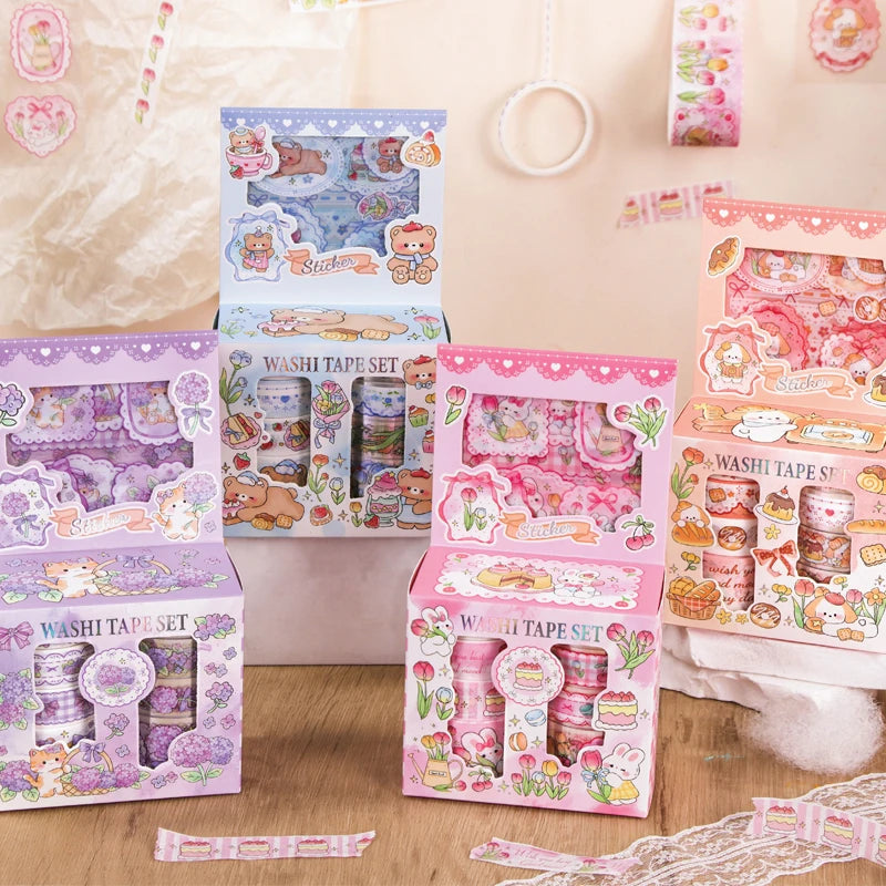 Kawaii Cartoon Washi Tape & Sticker Set, 10/40 Rolls, 10pcs Tape + 4pcs Stickers, Decorative Tape for Scrapbooking