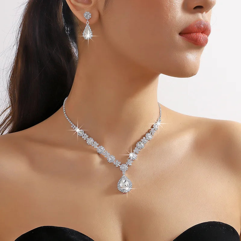 3 Pieces of Women's Crystal Droplet Necklace with Earrings Set for Wedding Evening Dress Accessories - ZT9102-Silvery