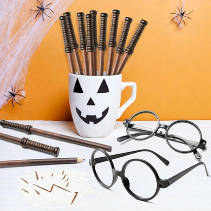 Wizard Wand Party Favors,Wand Pencils,Witch Broom Pencils,Lightning Tattoos,Glasses,Halloween Cosplay Accessories