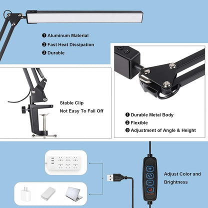 LED Folding Metal Desk Lamp Clip on Light Clamp Long Arm Diming Table Lamp 3 Colors Adjustable For Living Room Reading Comput