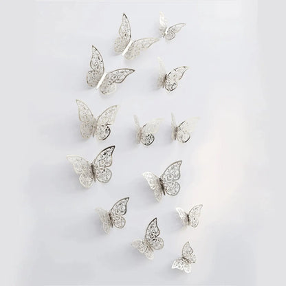 12pcs/lot Metal Inspired Hollow 3D Paper Butterfly Decorations for Parties, Festivals, Weddings, Birthdays, Wall Stickers - S