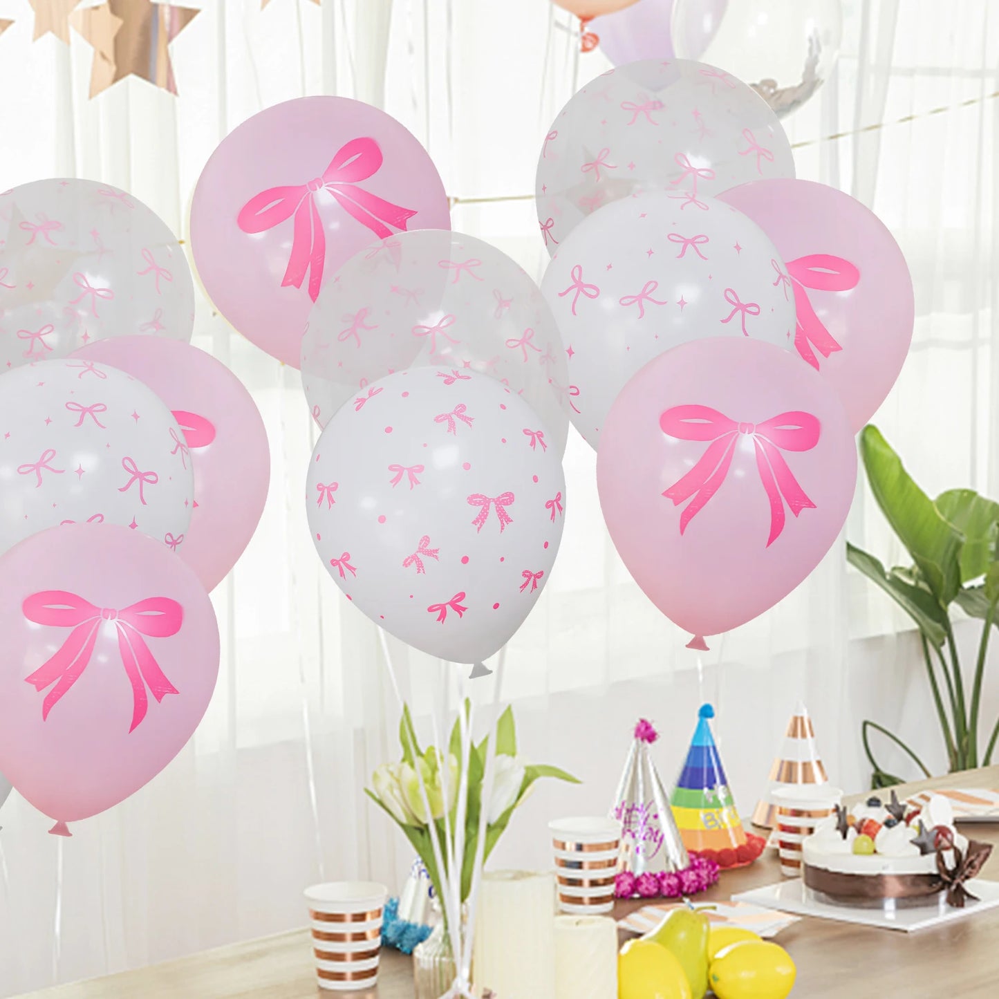 50/10pcs Bow Theme Latex Balloon 12 Inches Bowknot Print White Balloons for Kids Girls Birthday Baby Shower Wedding Party Dec