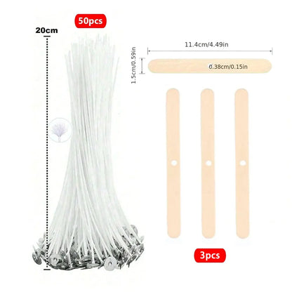 53pcs Candle Wicks Holder Waxed Cotton Candle Wicks Set with Stand Original Smokeless Candle Wicks Soy Oil Wax Core Woven Mak