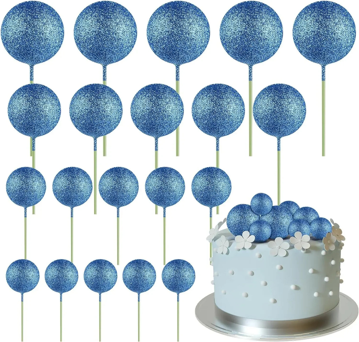 20-Piece Mini Balloon Cake Topper Decorations with Gold Ball Picks - Festive Cake Decor for Celebrations - Glitter Blue