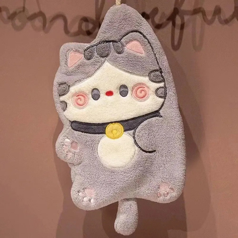 Cute Cat Hand Towel Quick Drying Kitchen Cleaning Rag Coral Velvet Cartoon Animal Absorbent Bathroom Hanging Towel Home Suppl