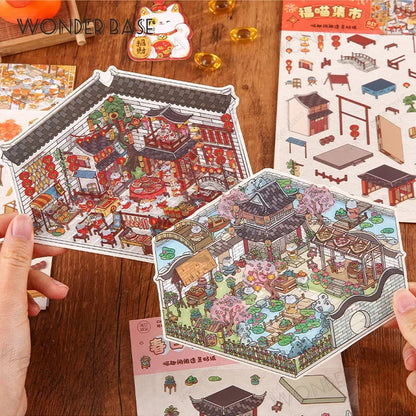 DIY Cartoon Cat Leisure Life in 4 Seasons Landscape Sticker 3D Pocket Cabin Scene Stacking Pasting Stickers Gift for Kid Chil