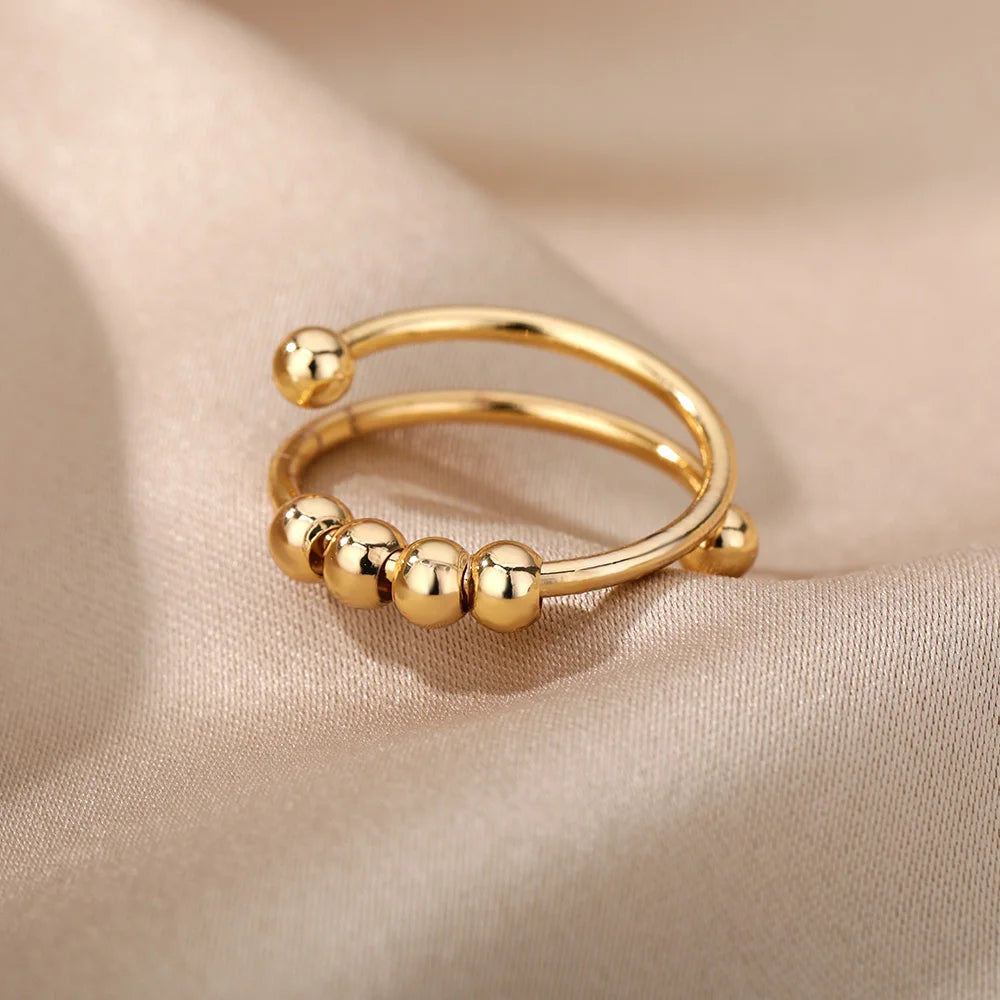 Anxiety Balls Beads Rings for Women Open Spinner Adjustable Finger Ring Stainless Steel Rotating Freely Anti Stress Jewelry G