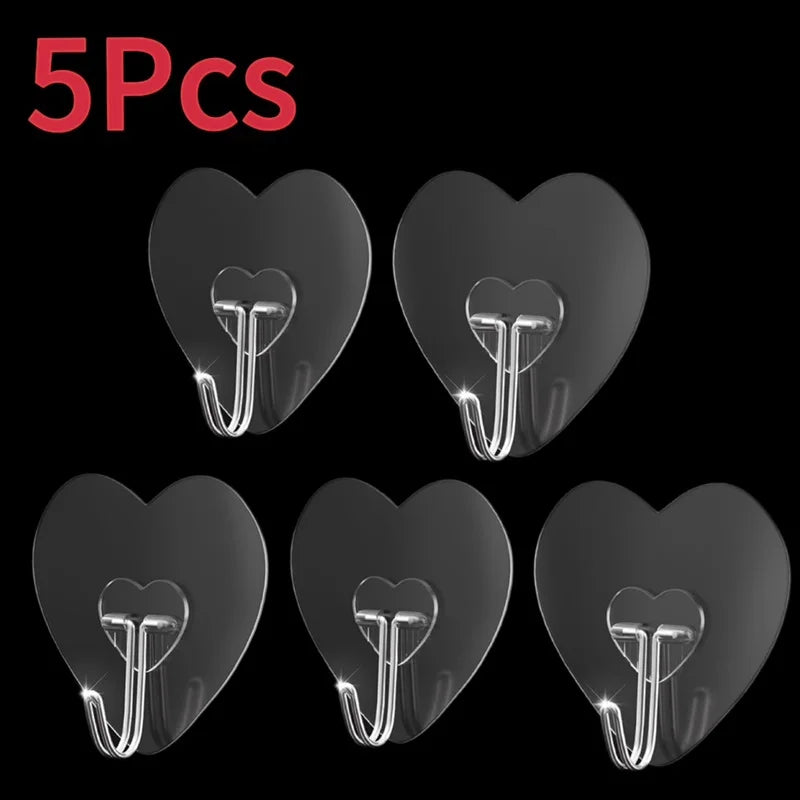 Heart Shape Transparent Hooks Non Punching Plastic Love Hangers Holder Self Adhesive Key Towel Multi-Purpose Hooks Storage Ra