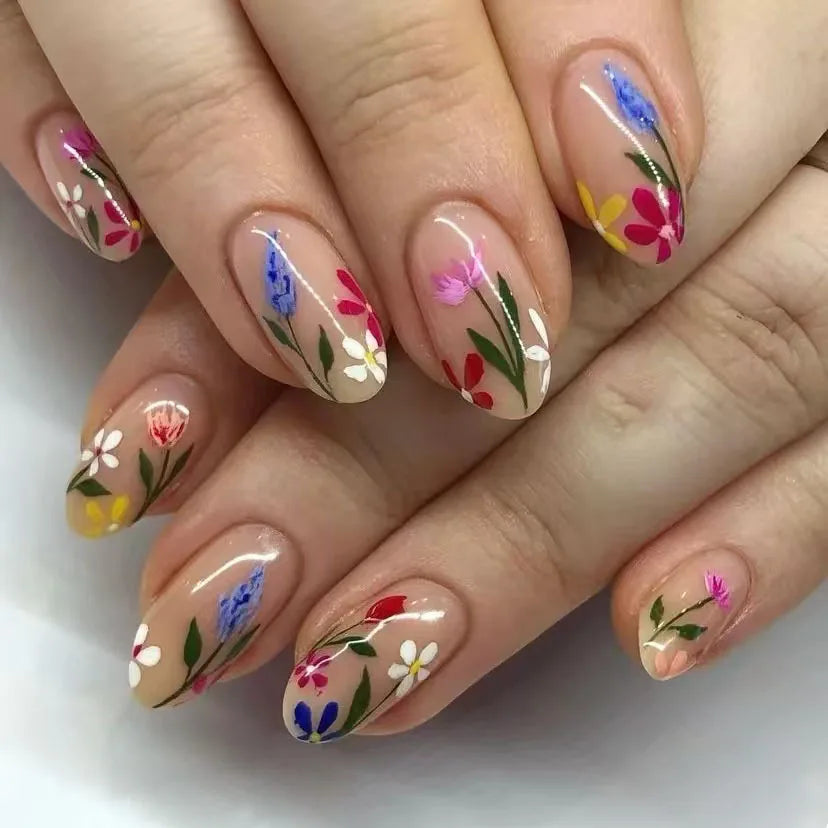 24Pcs Short Round Almond Lovely False Nails Full Cover Fresh Cartoon Fruit Pattern Designs Wearing Nails Art French Summer Na