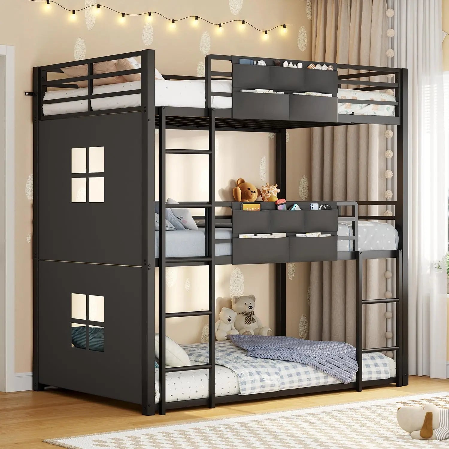 Triple Bunk Bed Twin Over Twin with Safety Guardrail | Heavy Duty Metal 3 Bunk Beds with Play, Customized - Black (Style A)