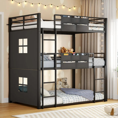 Triple Bunk Bed Twin Over Twin with Safety Guardrail | Heavy Duty Metal 3 Bunk Beds with Play, Customized - Black (Style A)