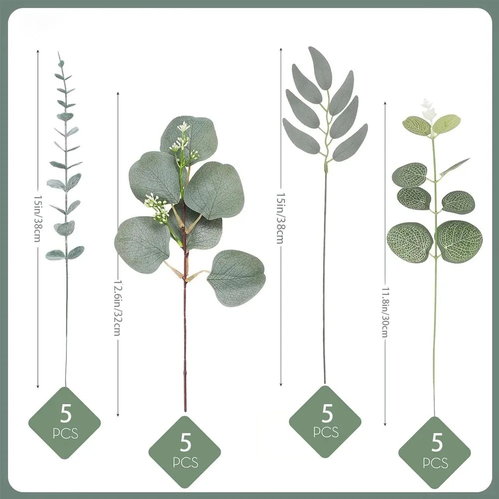 20pcs Eucalyptus Leaves Stems Artificial Plant Bouquet Fake Flowers for Home Decor DIY Floral Arrangement Wedding Decoration