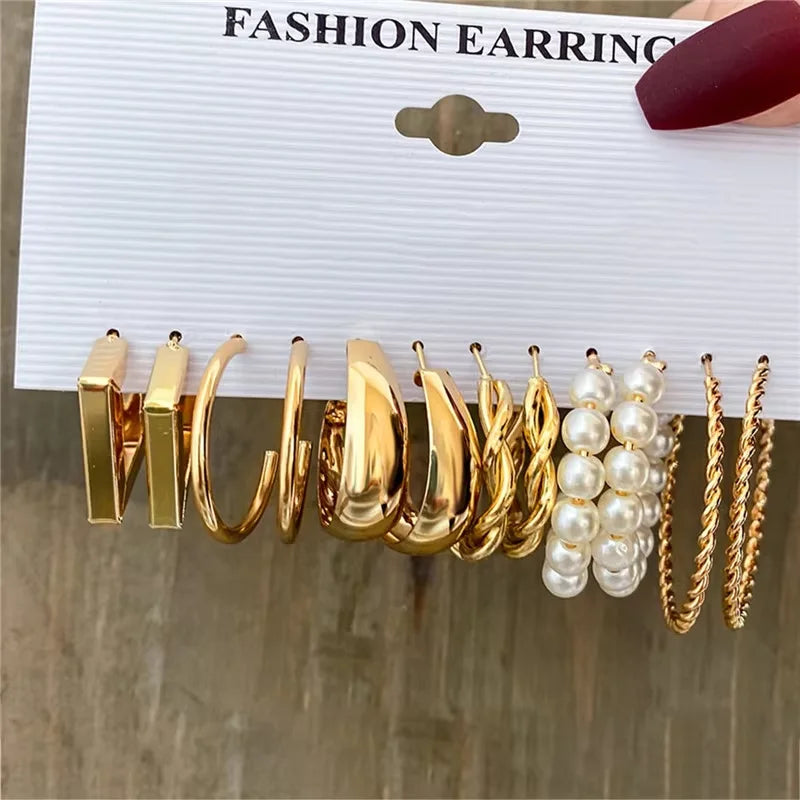 Fashion Geometric Hoop Earrings Set for Women Vintage Bohemian Pearl Gold Color Round Earring Punk Daily Wear Jewelry Gifts 2