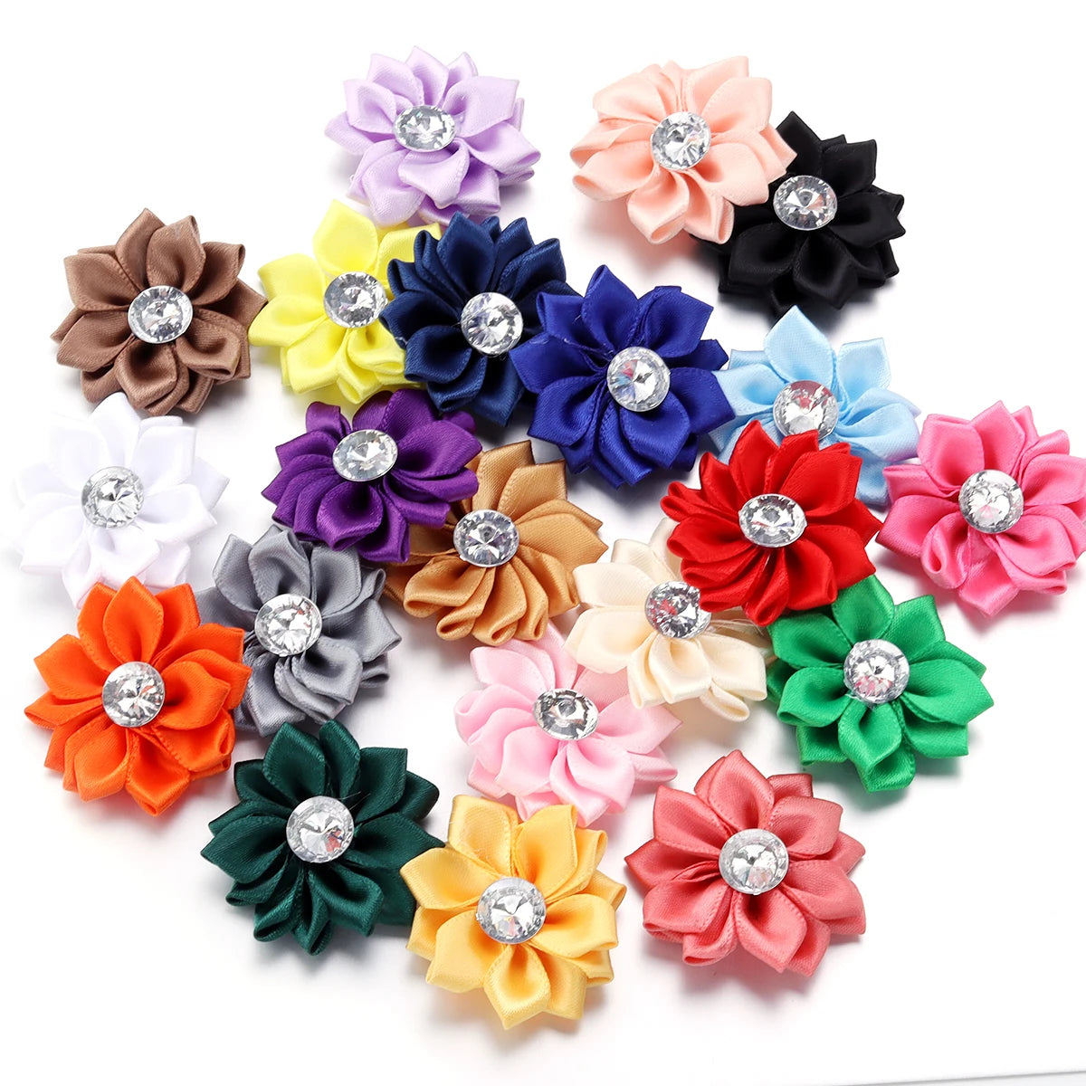 20pcs/lot 40mm Mini Inlaid Rhinestones Small Handmade DIY Satin Ribbon Flowers Head Decorate Clothing Supplies Accessories - 