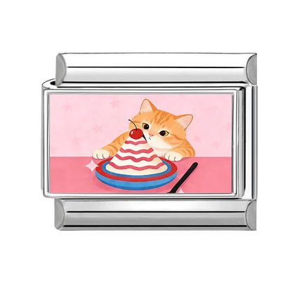 2026 New Women's Gift Cute Cat Looks at the cake Italian Charm Links Beads Fit 9mm Stainless Steel Modular Bracelet Jewelry G