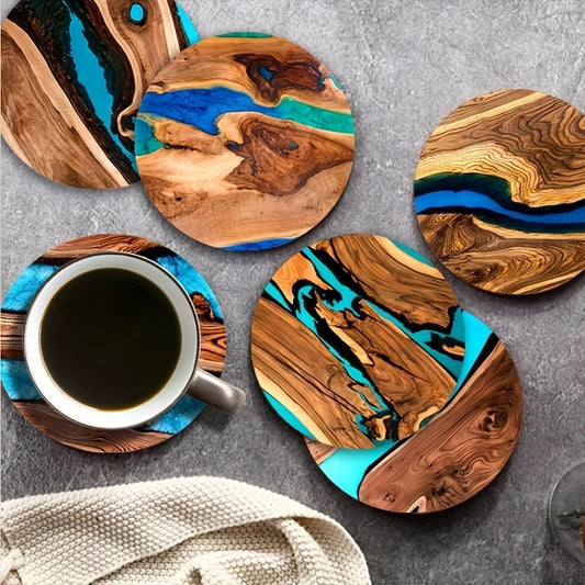 6pcs Vintage Wooden Coasters 2D 4in Tree Pattern with Lake & Desert Designs High-End Home Decor for Coffee Shops & Dining Tab