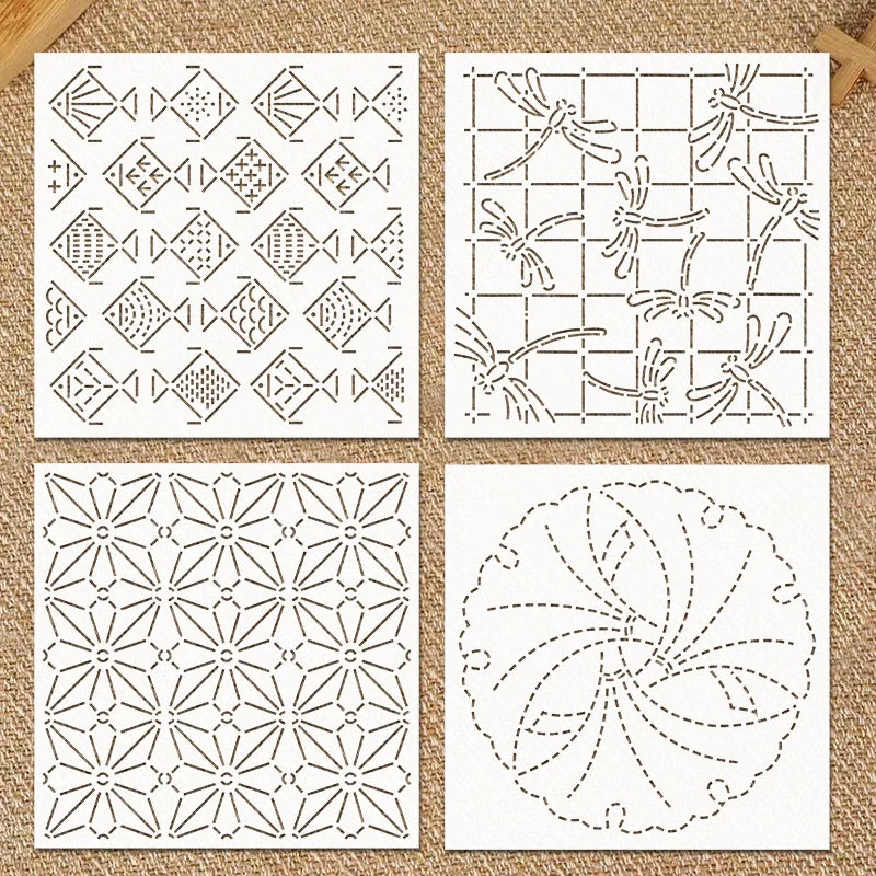 YOMDID 4pcs Sashiko Embroidery Templates DIY Embroidery Pattern Quilting Templates Reusable PET Stencils for Quilting and Cra