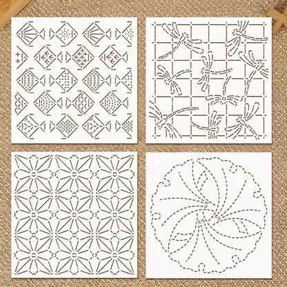 YOMDID 4pcs Sashiko Embroidery Templates DIY Embroidery Pattern Quilting Templates Reusable PET Stencils for Quilting and Cra