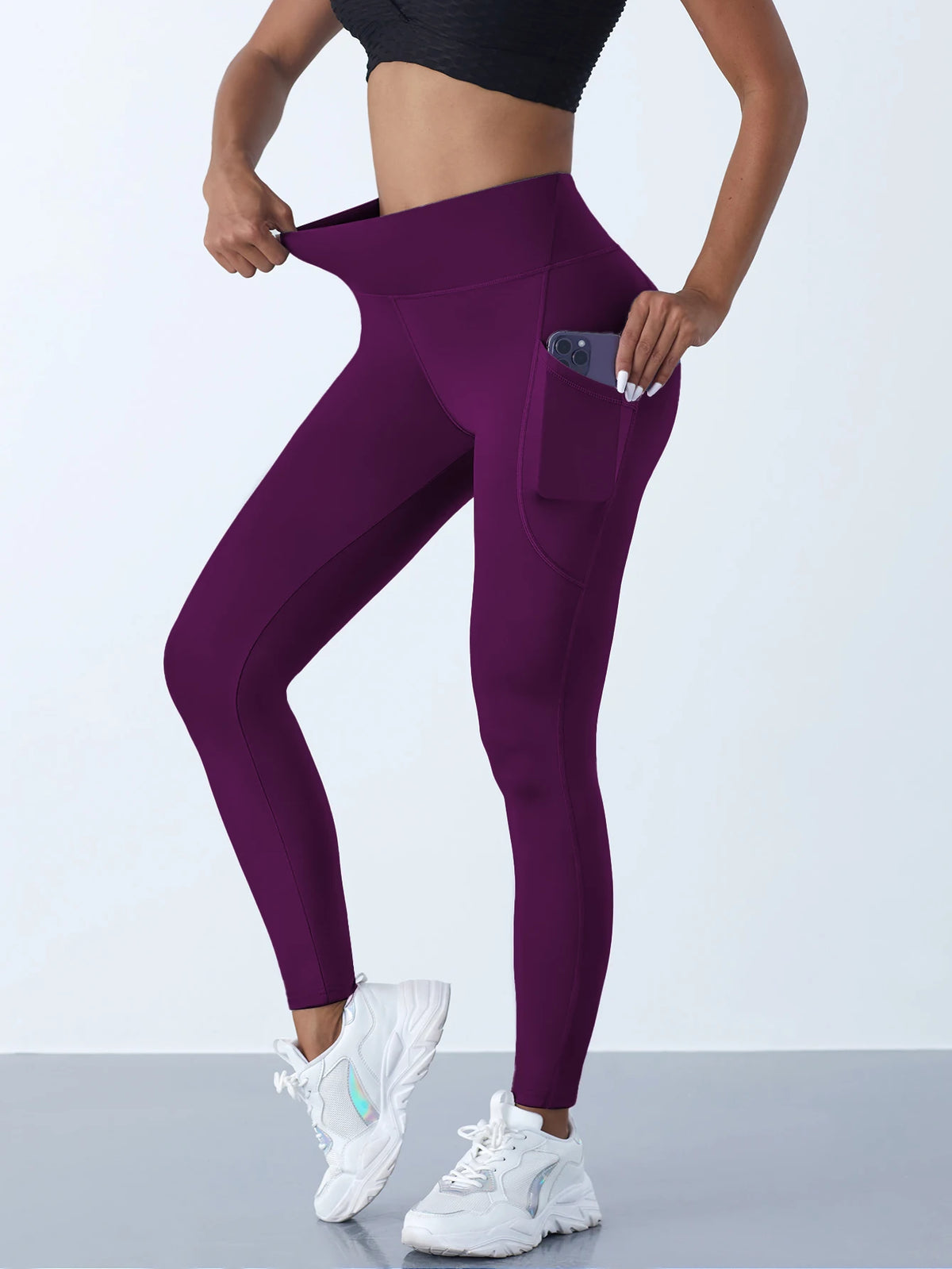 New High Waist Women's Leggings Stretch Yoga Pants Tights With Pockets Push Up Fitness Running Sportswear Solid Color Pants -