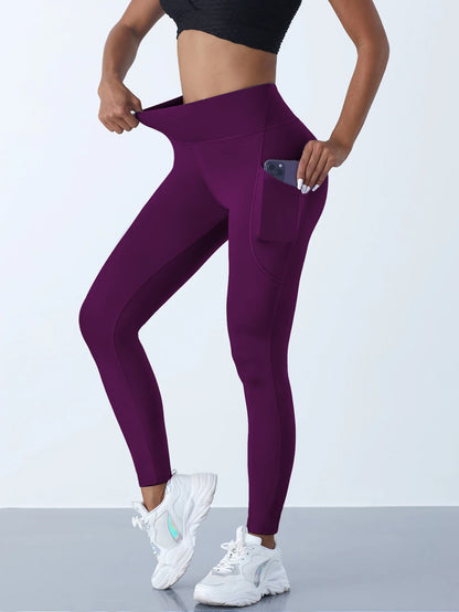 New High Waist Women's Leggings Stretch Yoga Pants Tights With Pockets Push Up Fitness Running Sportswear Solid Color Pants -