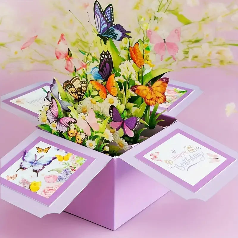 1pc 3D Pop-Up Birthday Greeting Card - Floral and Butterfly Design for Any Recipient, Handwritten Note FeaturePaper Construct