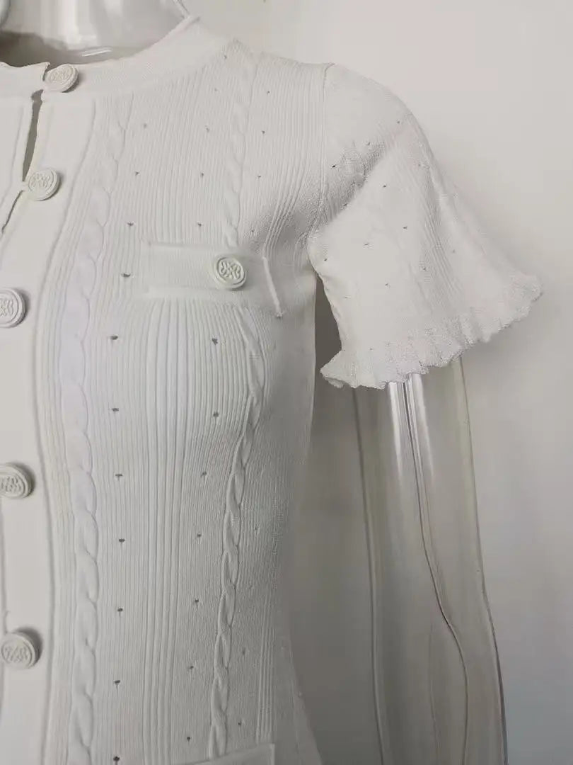 Vintage Cable Knit Midi Dress Button Front Ruffled Short Sleeve Pocket Design Elegant Party Casual Knitted Dress