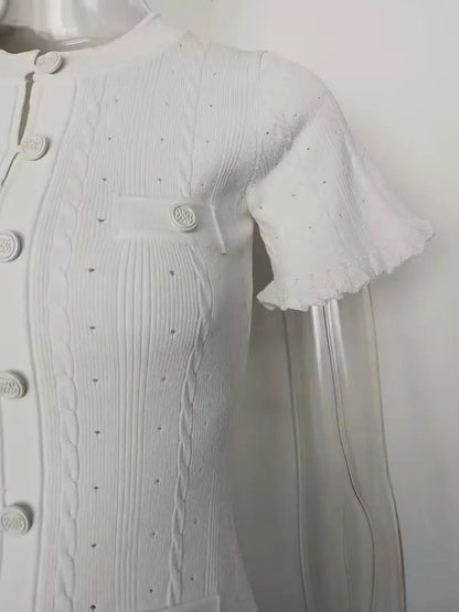 Vintage Cable Knit Midi Dress Button Front Ruffled Short Sleeve Pocket Design Elegant Party Casual Knitted Dress