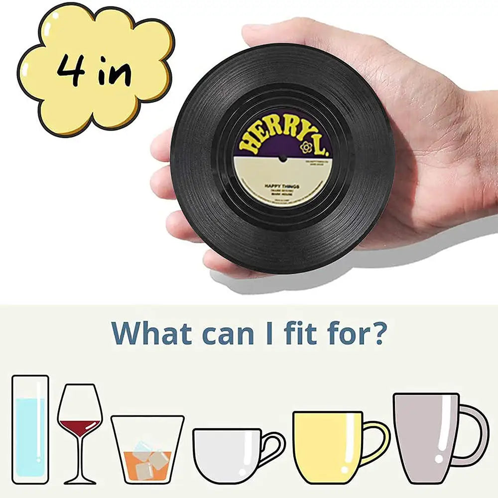 Set of 6 Vinyl Coasters for Drinks Music Coasters with Vinyl Record Player Holder Retro Record Disk Coaster Mug Pad Mat Creat