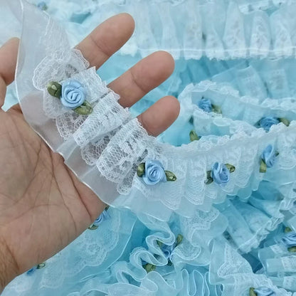 1 Yard Pink Bow Embroidery Lace Fabric Trim DIY Clothing Decoration Accessory 5CM Wide - Style3 Blue